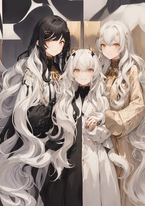 1womanl, ((Long wavy hair)), ((Half of her hair is white、The other half is black、Divided into 2 colors)), swept bangs, ((Golden Eyes)), Smile, Modern clothes、((overlooks))