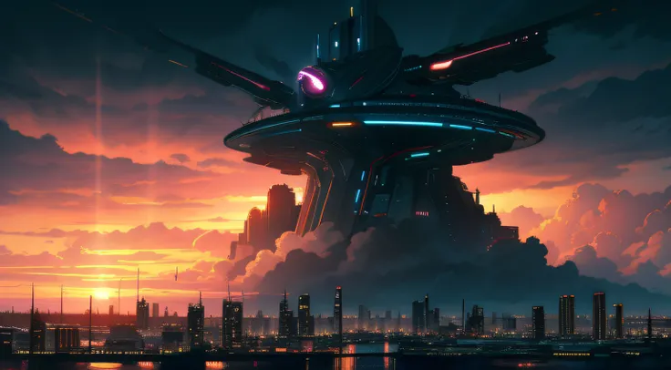 scifi city surrounded by storm clouds at sunset (retrotide:1)