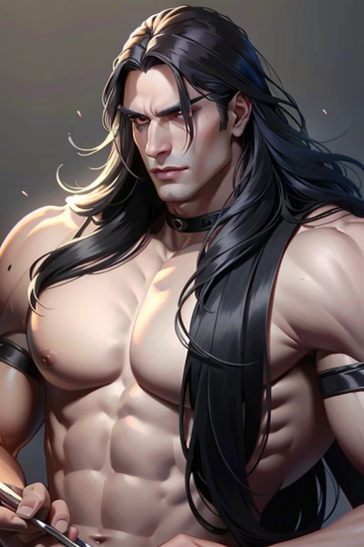 very handsome man long black oily hair, slightly muscular