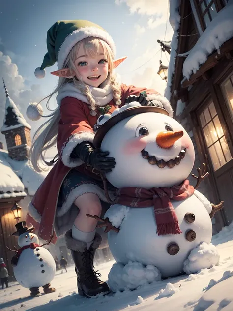 elf girl and snowman, happy. In the village of elves