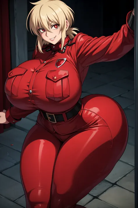 Masterpiece, Hellsing Ultimate, Seras Victoria, 1girl, ((bimbo))), short blond spikey hair, red eyes, cute smile face, puffy lips, thick lips,, wide hips, thick thighs, enormous round fake breast, huge ass, police uniform, red jeans,