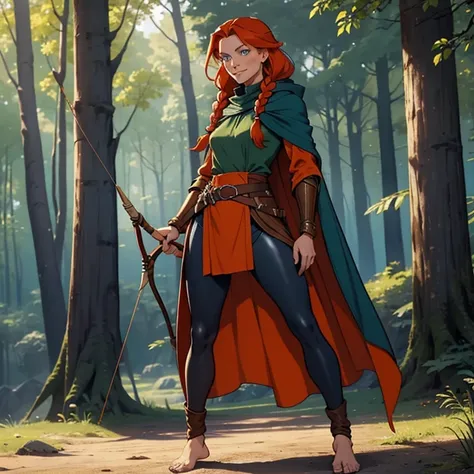 Tall barefoot woman, mid-twenties, early-thirties, mature face, full lips, dark blue eyes, long thin nose, , orange red hair, braids, leggings, green wrap around tunic, belt, archery, thin, shy, smile, small chested, cloak, modestly dressed, forest, visibl...