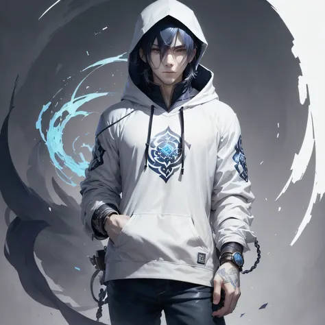 Wearing casual clothes with a white hoodie、man with dark blue hair、独奏、Anime-style illustrations、hight resolution、ultra-detailliert、​masterpiece、top-quality