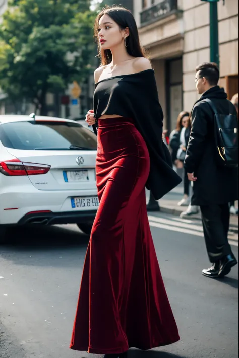 Velvet maxi skirt，This show is a high fashion show，Cultivation