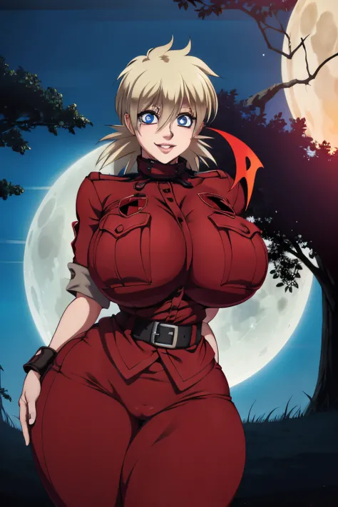 Hellsing Ultimate art style, Seras Victoria, 1girl, ((bimbo))), short spikey hair, blue eyes, puffy lips, thick lips, kiss lips, smile face, open mouth, wide hips, thick thighs, enormous round fake breast, huge ass, tight police uniform, red jeans, breasts...