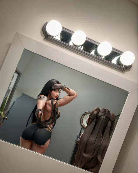 masterpiece, best quality, a hot young women with long black hair taking a mirror selfie she has a big butt big thighs small waist and beautiful skin