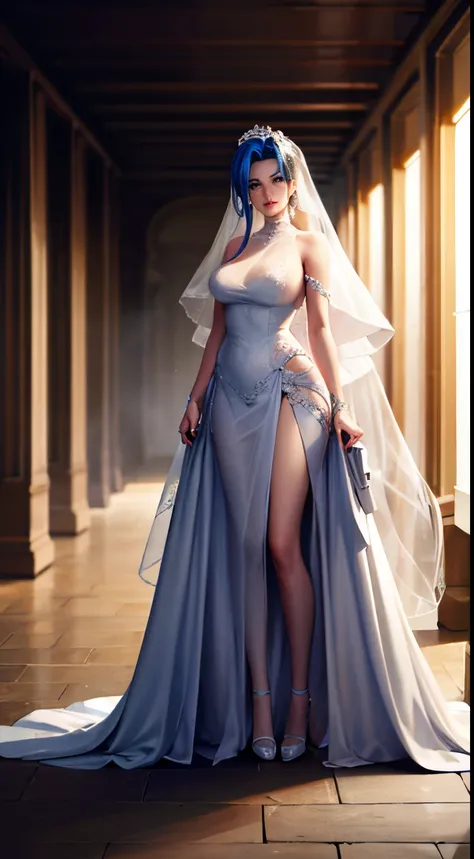 Jinx wedding dress，White veil，(white wedding gown)，rose tattoo，Giggle smile，Blue twist braid，with a huge pistol，The pistol is taller than a person。Lowry on the run，league of legend ，Totally criminal，(livestock),The color is black，(fish net leggings),(The s...