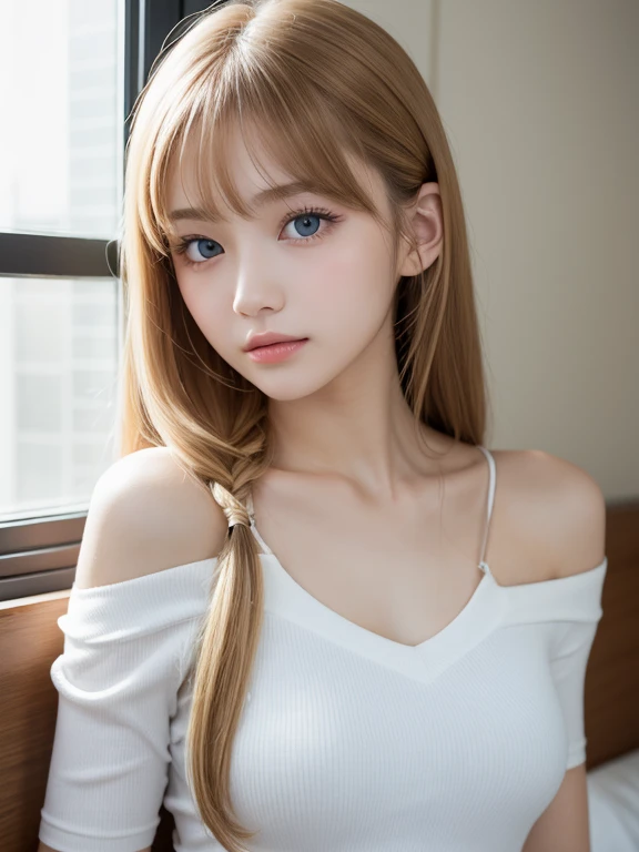 Extraordinary sexy beauty、Beautiful gentle and bright look、Sexy refreshing look、Perfect beautiful cute face、long bangs between the eyes,、Super long bright blonde straight hair、twintails, beautiful countenance、Very cute beautiful sexy young little woman、Ver...