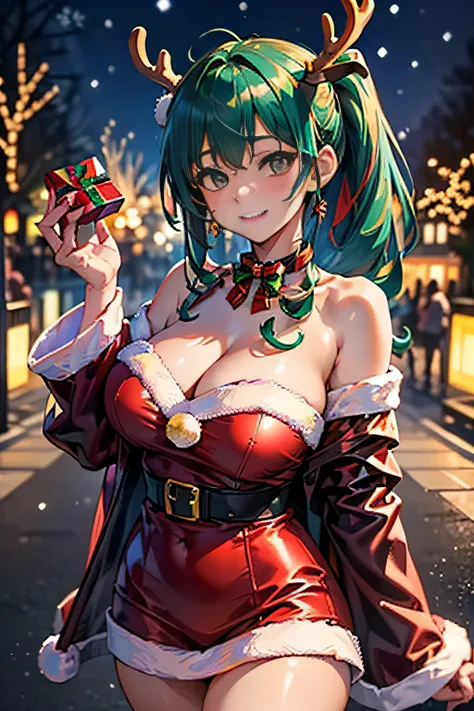 (((Two-shot photo of two cosplayers:1.3))),(((Gorgeous Christmas illuminations on street trees:1.3))),christmas tree night lighting,(((Santa Claus cosplay woman:1.3))),(((A woman enjoying cute reindeer cosplay:1.3))),a miniskirt,off shoulder with sleeves,(...