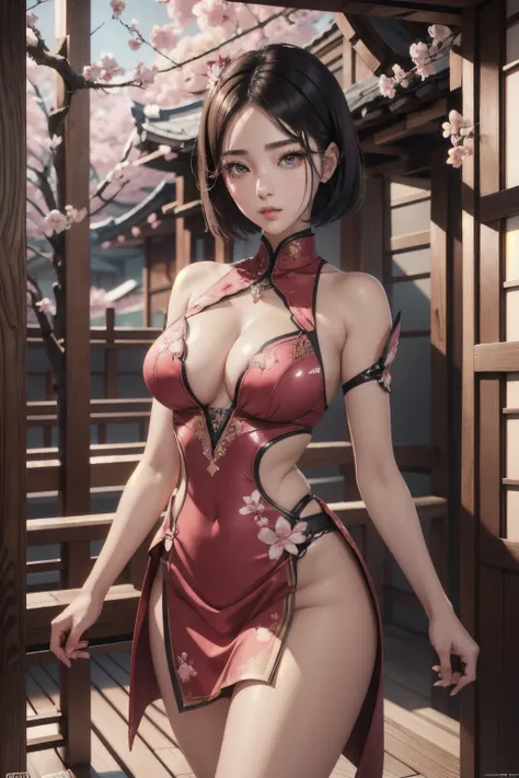 beautiful japanese young woman, thick symmetrical features, very short hair, background is cherry blossoms, pink aura, red lips, octane render,