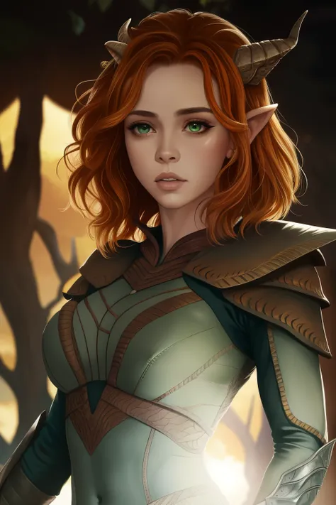 doric, armadura, sardas, (extremamente detalhado), foto de corpo inteiro da obra de arte mais bonita do mundo, mulheres bonitas, sun sunset, intrincado, alto detalhe, Realistic, olhos verdes, cabelo castanho, decote, tiefling, seios nus, barriga nu