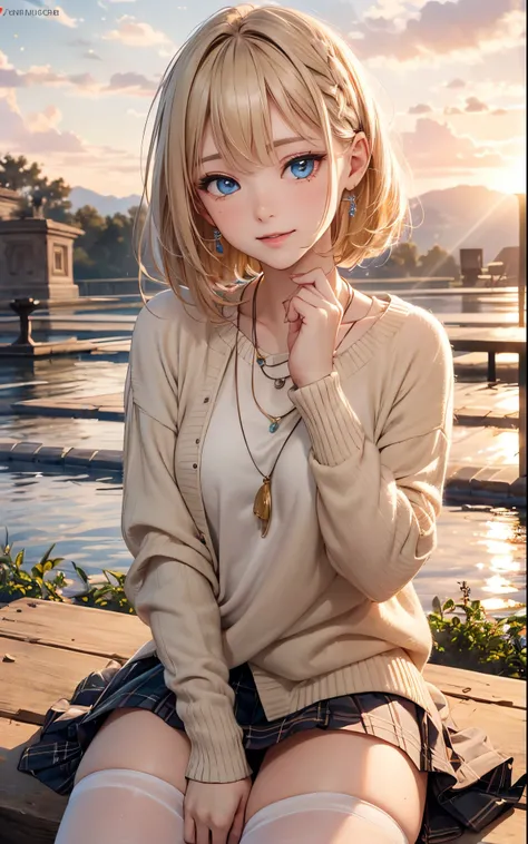 (​masterpiece),(top-quality:1.2),1girl in,(masuter piece:1.3),exquisitedetails, Highest quality 8K resolution, Ultra-detailed, Realistic, Vibrant colors, Soft tones, With warm and gentle lighting, A woman standing in a room wearing a skirt and sweater,  de...