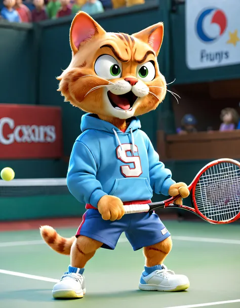 there is a garfield cat playing tennis on the court, ,red and blue sweatshirt and shorts, garfield playing tennis, hitting actio...