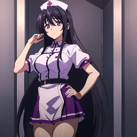 1 girl, (beautiful eyes finely detailed, purple eye color, black hair, long hair), wearing nurse uniform, nurse cap, short sleev...