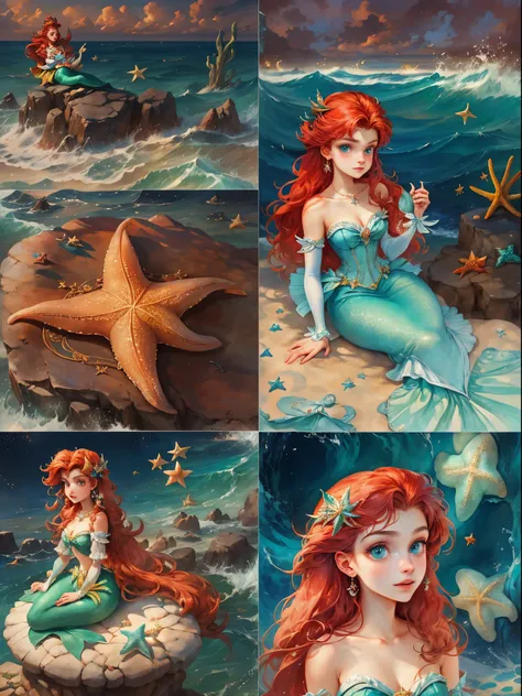 HighestQuali，tmasterpiece：1.2，Detailed details，A 16-year-old woman dressed up as a portrait of Ariel the Little Mermaid of Disney，Exquisite facial features，She held a starfish in her hand，She sits by the sea，There is foam everywhere