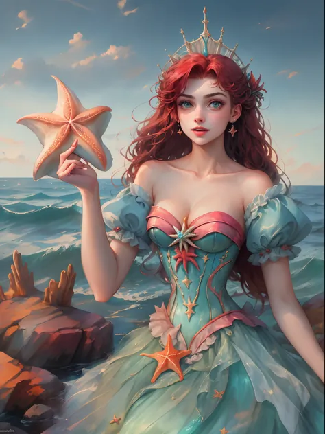 HighestQuali，tmasterpiece：1.2，Detailed details，A 16-year-old woman dressed up as a portrait of Ariel the Little Mermaid of Disney，Exquisite facial features，She held a starfish in her hand，She sits by the sea，There is foam everywhere