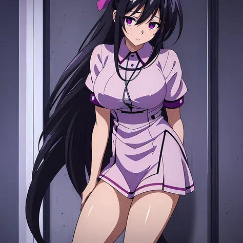 1 girl, (beautiful eyes finely detailed, purple eye color, black hair, long hair), wearing nurse uniform, nurse cap, short sleev...