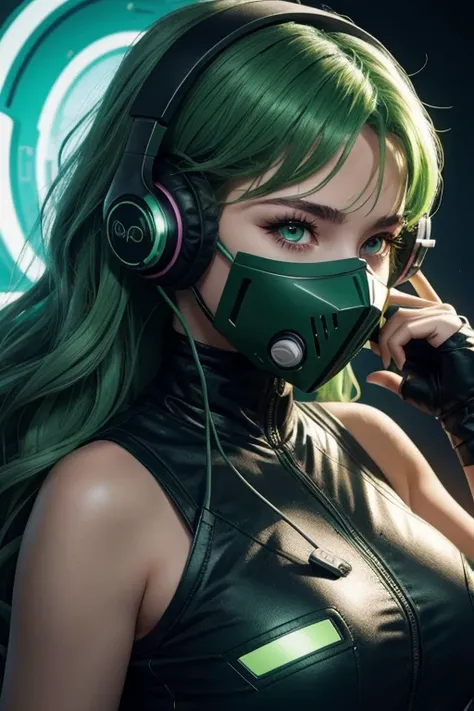 22 years old woman with wavy green hair, green eyes, futuristic vibes, mask on mouth, headphones, 8k, high quality, simple background, glowing eyes, nice pose