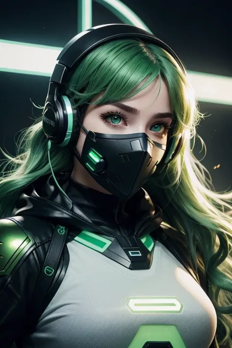 22 years old woman with wavy green hair, green eyes, futuristic vibes, mask on mouth, headphones, 8k, high quality, simple backg...