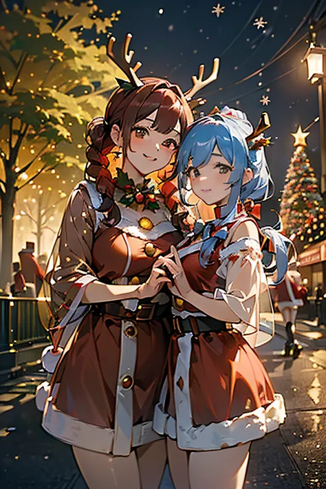 (((Gorgeous Christmas illuminations on street trees:1.3))),christmas tree night lighting,(((Wallpaper of two women enjoying Santa Claus cosplay and cute reindeer cosplay:1.3))),a miniskirt,(The white part of the costume looks like fluffy snow,The red part ...