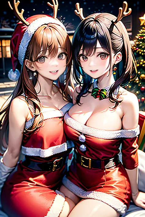 (((Gorgeous Christmas illuminations on street trees:1.3))),christmas tree night lighting,(((Wallpaper of two women enjoying Santa Claus cosplay and cute reindeer cosplay:1.3))),a miniskirt,(The white part of the costume looks like fluffy snow,The red part ...