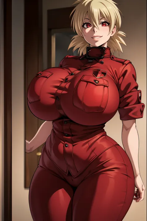 Masterpiece, 4K, Hellsing Ultimate, Seras Victoria, 1girl, ((bimbo))), short blond spikey hair, red eyes, cute smile face, puffy lips, thick lips, wide hips, thick, thick thighs, enormous round fake breast, huge ass, red jeans,