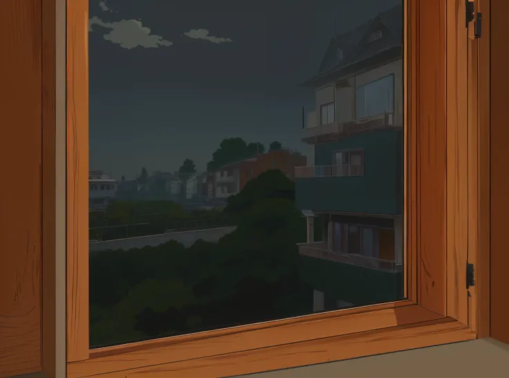 close up photo of an open wooden window, wooden window which has small iron hinges, dull gray walls, behind the window there is only a dark empty room, window open, near a window window, Shinkai style, rendering in Makoto Shinkai style, Makoto Shinkai art ...