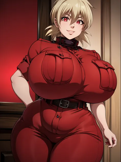 Masterpiece, 4K, Hellsing Ultimate, Seras Victoria, 1girl, ((bimbo))), short blond spikey hair, red eyes, cute smile face, puffy lips, thick lips, wide hips, thick, thick thighs, enormous round fake breast, huge ass, red jeans,