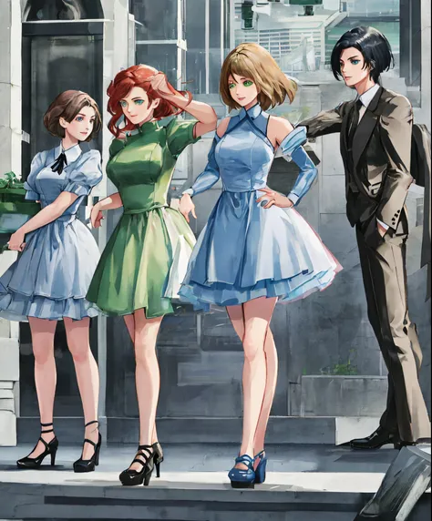 4 girls two girl with short hair and green eyes wearing suits and two girls one tall and one short wearing dresses one with tall hair and one with short hair