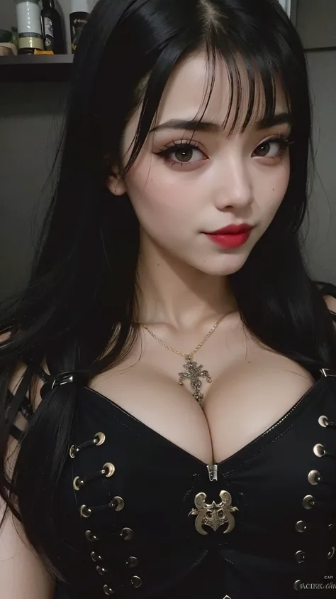 close de uma mulher com seios muito grandes usando um espartilho preto, cruel korean goth girl, Deusa japonesa, clivagem, com cabelos longos e olhos penetrantes, 1 7 - year - old goth girl, rainha vampira bonita, Succubus bonito, ela tem cerca de 2 a 5 ano...