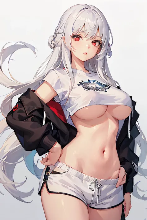 1girl, white hair, red eyes, navel, looking at viewer, hand on hip, black jacket, dolphin shorts, groin, (white shirt:1.2), braid, very long hair, wide hips, 
underboob, shirt, 
big(BodyProportions),