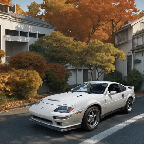 300ZX, white,Drift car parked on a street covered with foliage in autumn (city:1.3), Fall, Global Illumination, Volumetric lighting, Best Quality, Highly detailed, .CGI, Illustration, Octane Render,