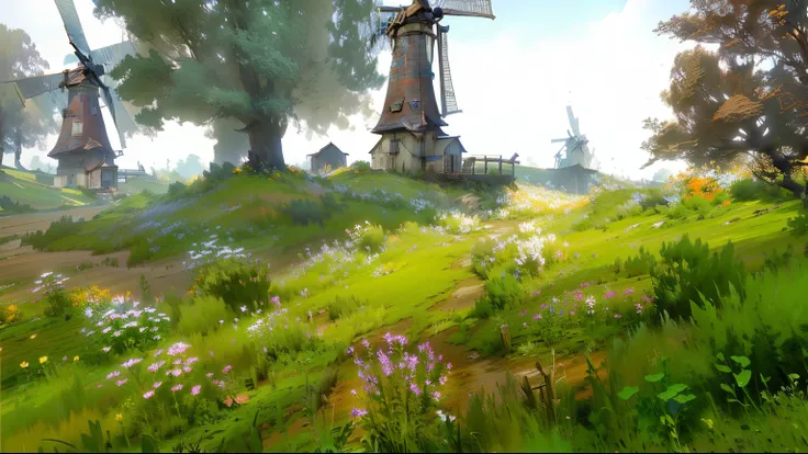 There are many windmills in the fields，The foreground is flowers, Nice screenshot, stunning screenshot, <mmorpgs scene, pc screenshot, ingame image, beautiful surroundings, Set in the world of Guild Wars 2, fantasy mmo, from wow, ultra wide gameplay screen...