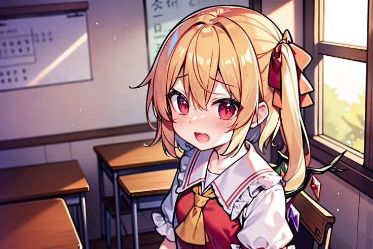 （Flandre Scarlet）、 美丽的面容、（Eye Highlights）、embarrassed from、Opening Mouth、Short side tail、suprised、shortsleeves、Dress style shirt、Inside the classroom、Petite