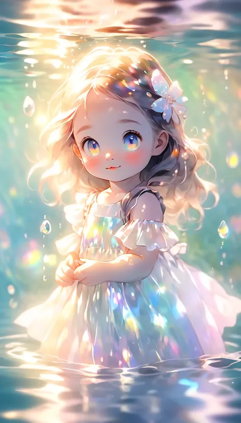 Little girl in the water, fantasticcolors, Close-up, Light is refracted into water, reflections transparent iridescent colors,gentle illumination/ Soft lights, High detail, Ultra-high definition,