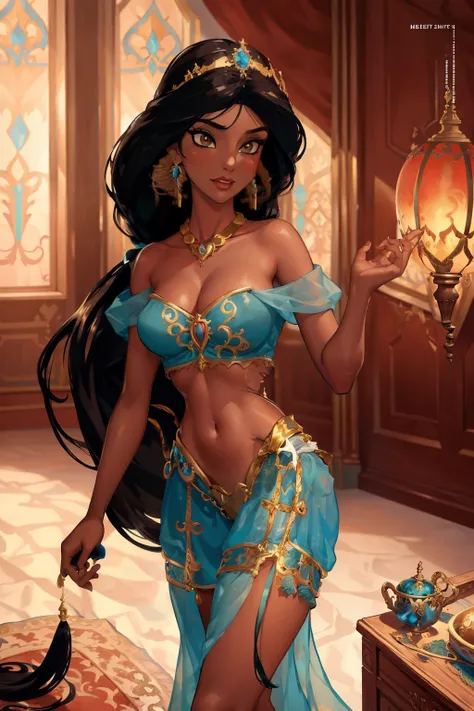 (Masterpiece, Best Quality, Highres:1.2), Detailed, Intricate Details, 4K, 
1Girl, (Solo:1.2), jasmine,  long hair, breasts, black hair, navel, cleavage, bare shoulders, brown eyes, jewelry, earrings, midriff, dark skin, necklace, off shoulder, blurry, dar...