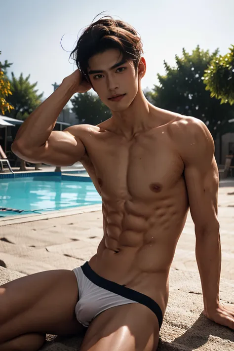 Alafid boy wearing stylish white thong, Full body photo, Short hair details, look at a camera, facial part details, Masculinity, musculature，magic tutor, male people, ovum , Pool background, A sexy pose, sex magic, perfect anatomia, symmetric body, Asian b...