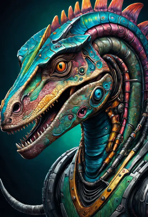 The portrait of a biomechanical tiranosaurus, highly detailed and textured, with a futuristic style. A swirl décor of psychedelic color