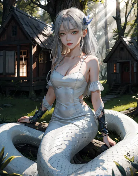 detailed white snakeskin， individual focus， （lamia）， stoic， monstergirl， ， beautidful eyes， beatiful background， abandoned cotta...