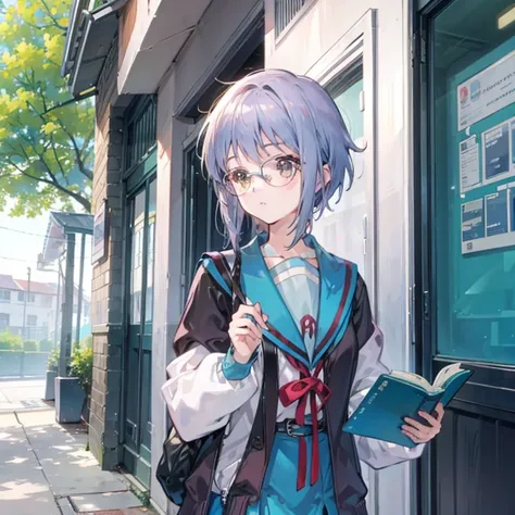 a beauty girl　walking while reading a book　student clothes、eye glass