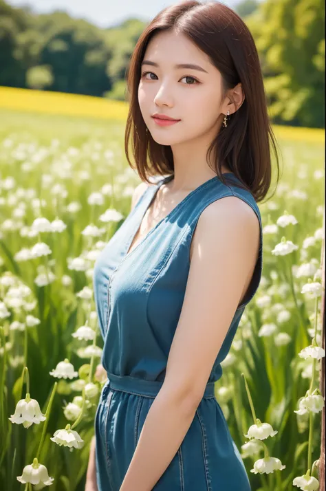 Beautiful portrait of a beautiful  girl in Lily of the valley field, Science fiction、 hips up high、A detailed eye, Art Station, foco nítido, Photorealsitic, 35 mm, Ultra Detail, radiant light、Background bokeh