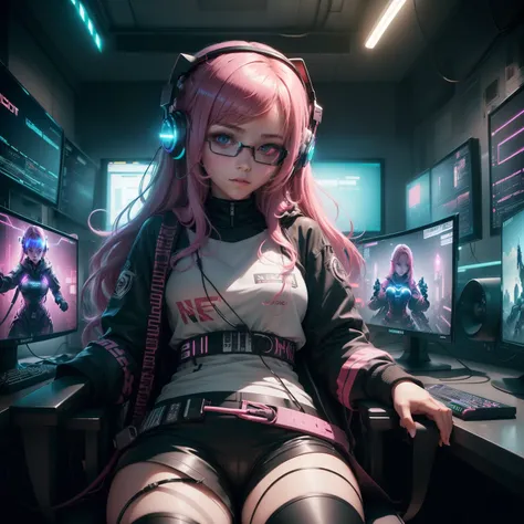 ((Masterpiece)), (((Best Quality)))), ((Illustration)), (Depth of Field: 1.2),Solo,Dynamic Angle,1 Girl,Hacker Beautiful 15 Years Old medium skin colored Girl, Indoors, Room, Dim Room, Sci-Fi, Neon, Neon Lights, Cyberpunk, Computer Room, Gaming Headphones,...