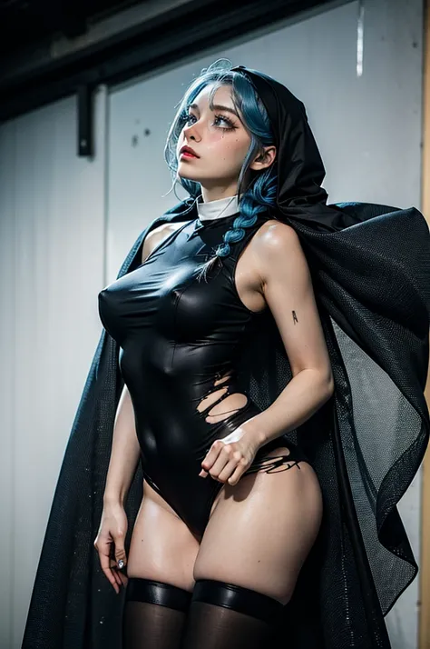 1girl, (nun:1.1), blue hair, messy hair, (braid), young female, ahegao, rolling eyes, black thighhighs, torn clothes, (veil:1.2), bare breasts, headback, view from the side