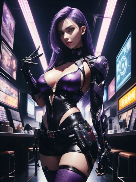 (natural skin texture, hyperrealism, soft light, sharp), full body shot, 24yo woman, purple hair, cyberpunk, doctor, dark purple cyberware, dim light, holding a spiral, cyberware on body, metal hand, stockings, shorts, white top, detailed face, accurate f...