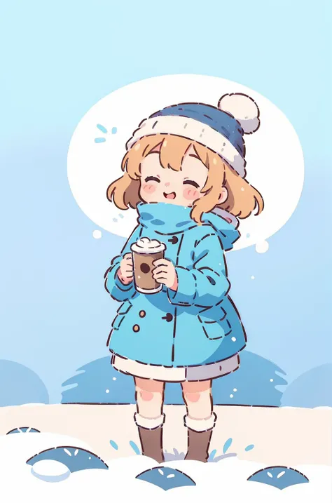 Illustration of a cute girl standing in the cold winter, Very happy，Holding a cup of warm coffee. The girl is wrapped in a cozy winter coat, Her breath is clearly visible in the cold air. Her blonde hair peeks out from under her beanie, Her cheeks are rosy...