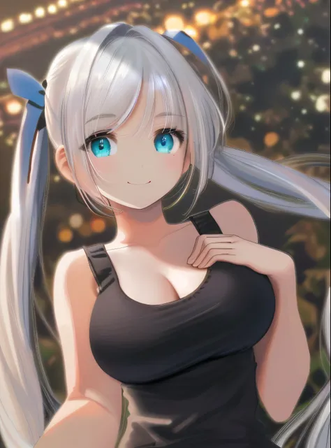 masterpiece, (best quality:1.4), detailed, girl, (solo), (white hair:1.2), (medium twintail hair:1.3), (sidelocks:1.1), (bangs:1.1), (large breast:1.3), ribbon, (aqua eyes:1.2), (smile:1.2), flower on head, upper body, (tank top:1.0), (hot tank top:1.2), (...