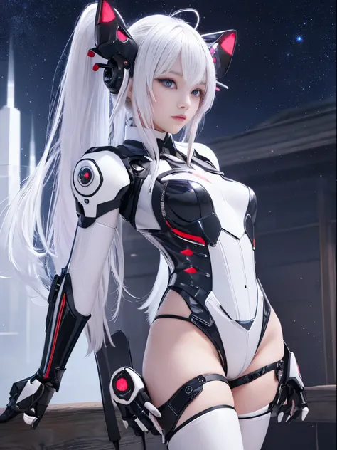 cowboy shot, caustics,reflection,ray tracing,demontheme,nebula,dark aura,cyber effect, (1girl:1.4),solo,alone, pink silver robotic body, mecha musume,mechanical parts, robot joints,single mechanical arm, headgear, mechanical halo,star halo,intricate mechan...