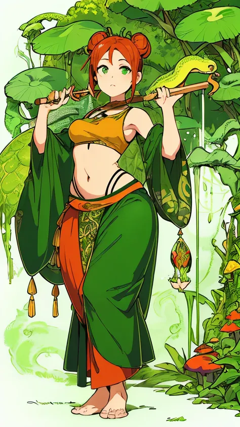 [(white background:1.5), ::2]1girl, full body, chubby, small breasts, big ass, curly hair, hips, dark orange hair, buns, ponytails, hair buns, green long skirt, east, India, tattoo, gold, ornament, tan, magic stick, hookah, smoking, lizard, green eyes, yog...