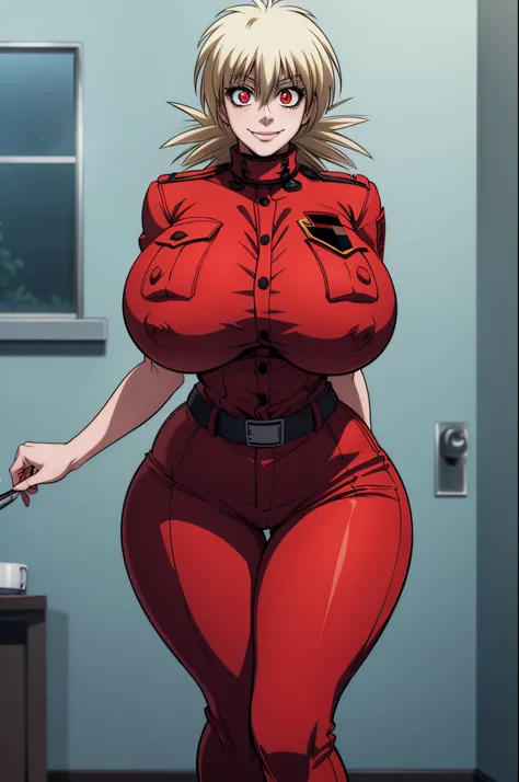 Masterpiece, 4K, Hellsing Ultimate, Seras Victoria, 1girl, ((bimbo))), short blond spikey hair, red eyes, cute smile face, puffy lips, thick lips, wide hips, thick, thick thighs, enormous round fake breast, huge ass, police uniform, Bursting breasts, nippl...