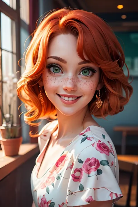 masterpiece portrait of a woman in Montreal at dawn, long hair, cute orange curly hair, smile, green eyes, freckles, floral print, dress, dawn, neon, rays of light, caustic, lens reflection, ((solo)), ishmael_limbus